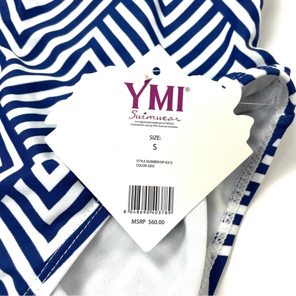 YMI Red, White & Blue Geometric Pattern Lace-up Back One Piece Swimsuit Sz S - Picture 3 of 4